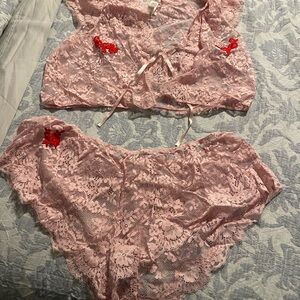 Victoria's Secret Pink Lace Robe Set with Red Accents